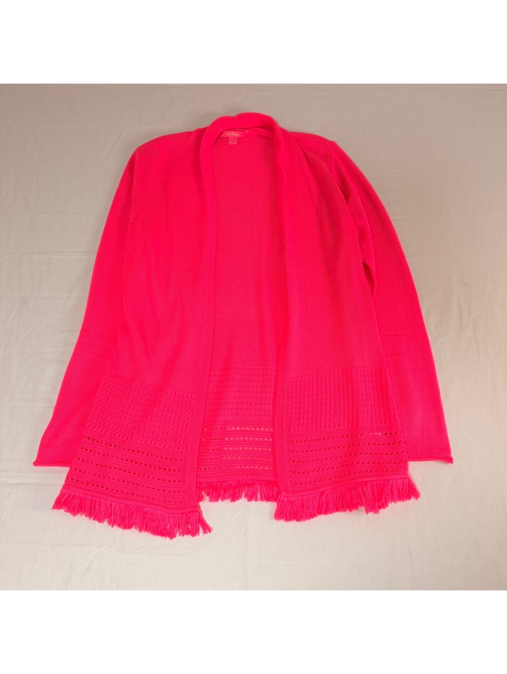 Lilly Pulitzer Pink Open Front Cardigan Sweater with Fringe Detail, Size L
